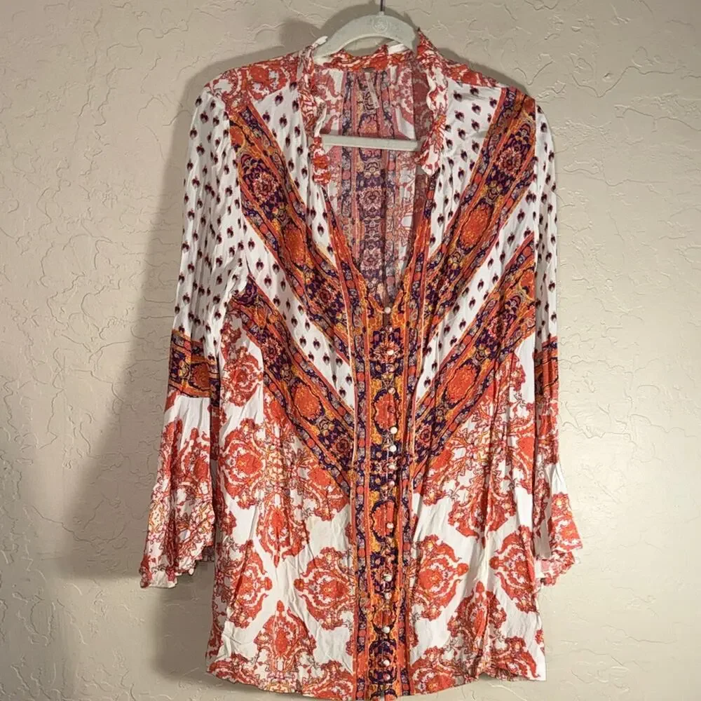 Free People Magic Mystery Tunic with bell sleeves split neck button front size M